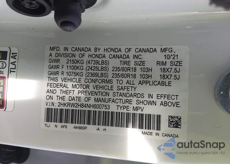 2022 Honda Cr-V Awd Ex-L z USA, uszkodzony, nr VIN 2HKRW2H84NH600753